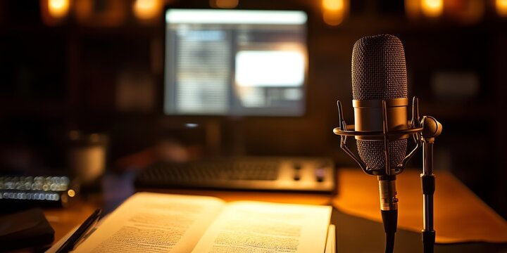 Close-up view of a dedicated voice actor's workspace. 