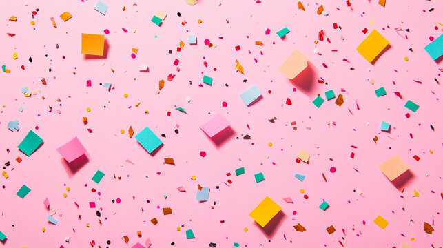 Colorful confetti and paper shapes scattered on a pink background for festive occasions
