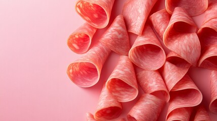 Sliced 3D bologna arranged in a spiral pattern, clean background for modern food advertisements, bologna slices overhead, modern food presentation