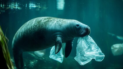 Fototapeta premium A manatee swims in an aquarium with a plastic bag in its mouth.