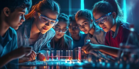 Female high school teacher mentoring a diverse group of students in a science lab.