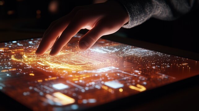 A software engineer's hand navigating a trackpad, with a detailed circuit board softly projected across the workspace.