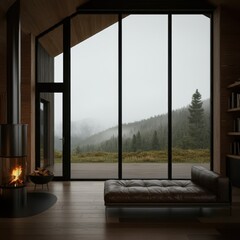 cozy interior, large window view, misty forest landscape, mountain vista, minimalist design, wooden floors, cushioned window seat, warm lighting, candles, atmospheric, moody, serene, hygge, panoramic 