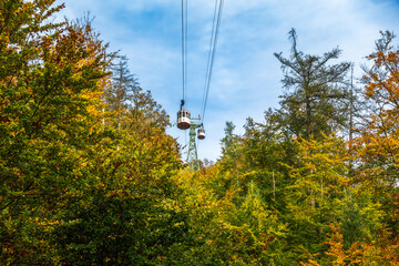 Autumn forest landscape with colorful foliage, two gondolas in the air, partly cloudy sky, peaceful atmosphere.