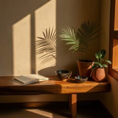 Minimalist study corner, Sunlit room, Potted palm plants, Terracotta pots, Wooden desk, Open book, Ceramic bowl, Dramatic shadows, Warm tones, Cozy atmosphere, Zen aesthetic, Indoor plants, Natural li