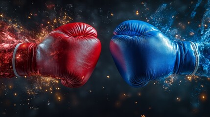 Symbolic boxing gloves, one red, one blue, in a patriotic face-off, abstract flag colors swirling around, overhead perspective, sharp contrast