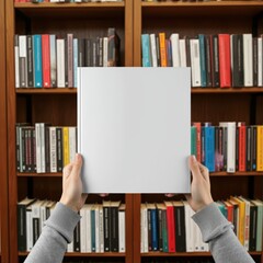 Hands holding blank white book cover, colorful bookshelf background, library setting, knowledge concept, reading inspiration, symmetrical composition, vibrant book spines, literary atmosphere, learnin