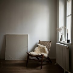 Minimalist interior, sunlight through window, cozy armchair, sheepskin throw, wooden floor, white walls, radiator, shadows and light play, Scandinavian design, peaceful atmosphere, quiet corner, warm 