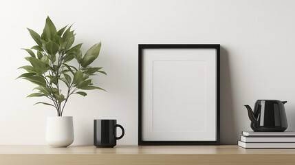 Fototapeta premium Home interior poster mock up with horizontal metal frame, succulents in basket and pile of books on white wall background. 3D rendering.