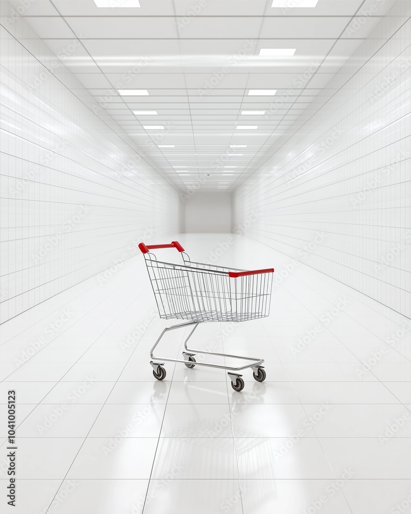 Wall mural red metal trolley with wheels, empty and ready for shopping in a supermarket