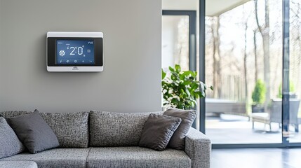 Fototapeta premium A smart thermostat is mounted on a wall next to a couch