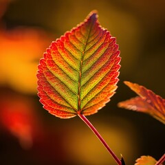 Macro photograph of autumn leaf, vibrant red and yellow colors, intricate leaf veins, dark background, dramatic lighting, high contrast, shallow depth of field, nature close-up, seasonal foliage, deta