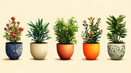 Fototapeta premium Five potted plants with different types of leaves and flowers in colorful pots on a light background.