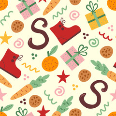 Colorful seamless pattern. Symbols of St. Nicholas Day, Sinterklaas. For fabric prints, wrapping paper, gifts.