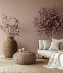 Home mock up, modern feminine living room interior background, 3d render, Generative AI
