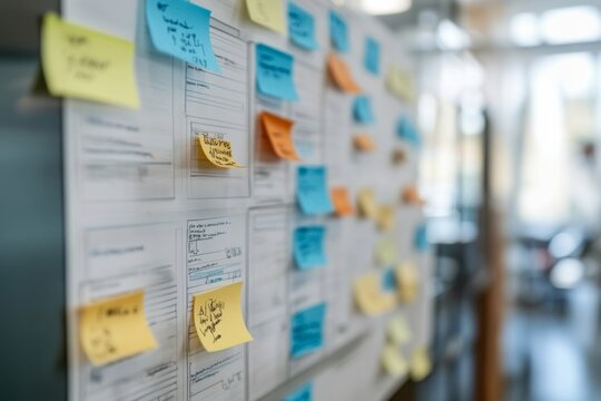 Blurred background showcasing a whiteboard filled with project plans.