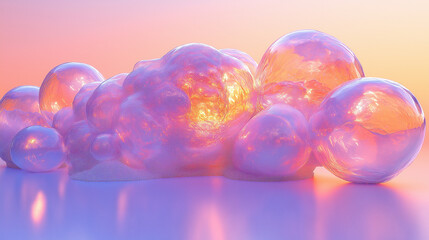 Abstract 3D rendering of a cluster of translucent, iridescent spheres with a soft orange and pink glow.