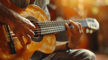 Naklejka premium Close-up of a Hand Playing Acoustic Guitar