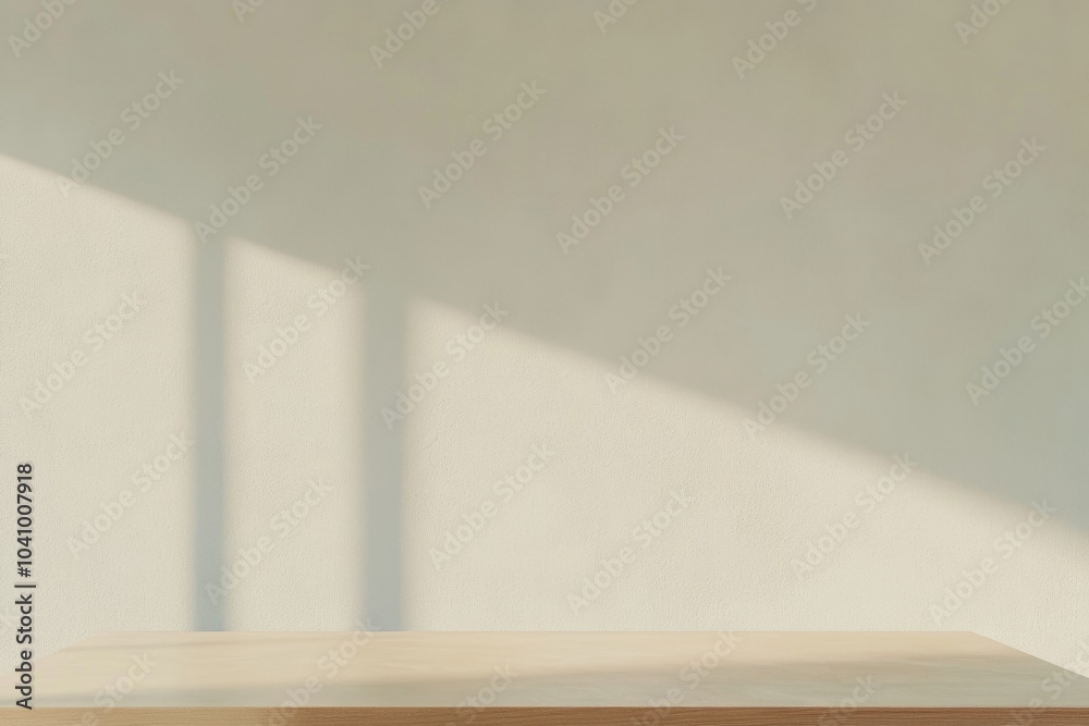 Poster minimalist concrete wall and wooden surface with subtle shadows in soft light