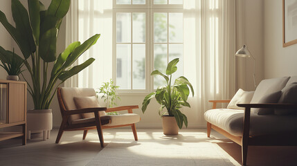 modern living room with furniture, A bright and airy living room featuring a neutral color palette, wooden furniture, cozy, and plants, with large windows letting in natural light and creating a seren