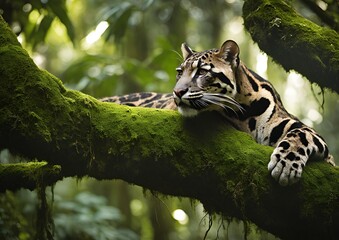 Clouded Leopard Resting on a Moss-Covered Branch in the Lush Rainforest of Southeast Asia.