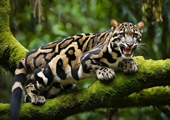 Clouded Leopard Resting on a Moss-Covered Branch in the Lush Rainforest of Southeast Asia.