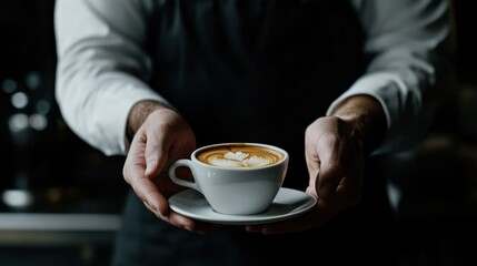 A barista presents a beautifully crafted latte art coffee in a cup on a saucer.