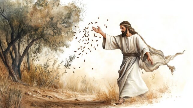 A beautiful representation of the parable of the sower in soft hues.