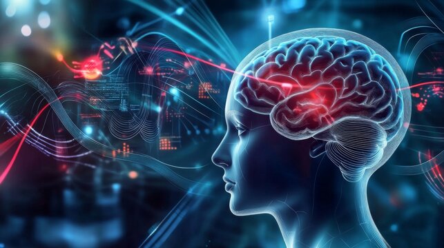 A digital illustration of the human head highlighting brain activity.