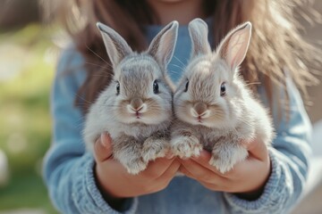 Naklejka premium Girl holds rabbits