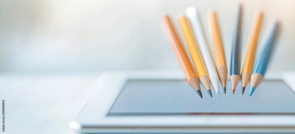 Poster minimalist digital learning concept with tablet and pencils in focus