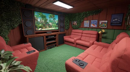 Modern Home Theater Room Interior Design with Red Couches and Green Carpet