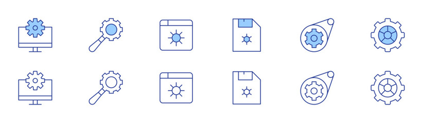 Configuration icon set in two styles, Duotone and Thin Line style. Editable stroke. diskette, setting, gear, searching, broswer