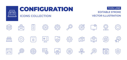 Configuration icons collection. Thin Line icons, editable stroke. chat, digitalization, directions, settings, integration, monitor, server, setting, management, search, system update
