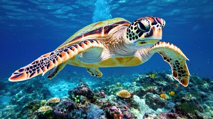Obraz premium Sea Turtle Swimming Over Vibrant Coral Reef Underwater Photography