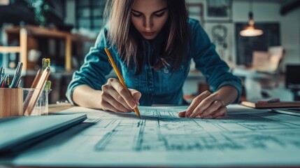 A focused individual sketching designs on blueprints in a creative workspace.