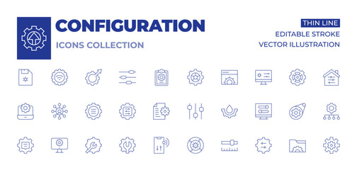 Configuration icons collection. Thin Line icons, editable stroke. settings, water drop, chat, configuration, document, iteration, multitasking, preferences, video, setup, timeline