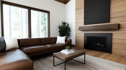 Mountain lodgeinspired living room with a leather sectional, large fireplace, and natural wood accents, rustic lodge living room, luxurious retreat