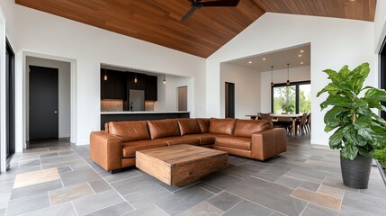 Openconcept rustic living room with a leather sofa, reclaimed wood dining table, and stone floors, rustic openconcept living room, spacious and earthy