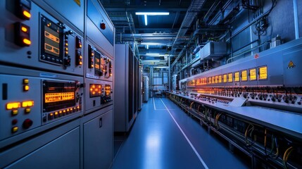 Overview of the electric voltage control room in a plant.