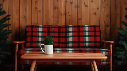 Rustic cabinstyle living room with a plaid sofa, wooden coffee table, and cozy fireplace, rustic cabin living room, cozy mountain retreat