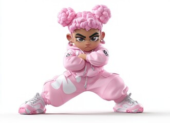 Stylish cartoon character with pink hair, in a dynamic pose against white background.