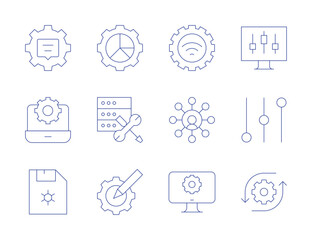 Configuration icons. Thin Line style, editable stroke. analytics, configuration, development, computer, engineering, chat, diskette, internet connection, multitasking, video