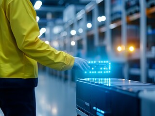 Worker utilizing advanced technology in a modern warehouse