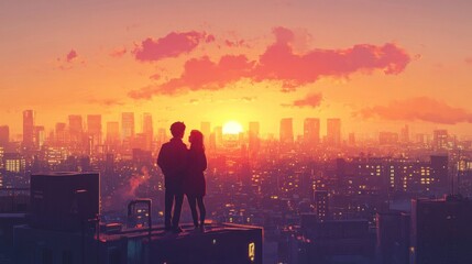 Fototapeta premium Lofi couple enjoying cityscape afternoon. Warm romantic glow with chill hip hop vibe. Urban relaxation.