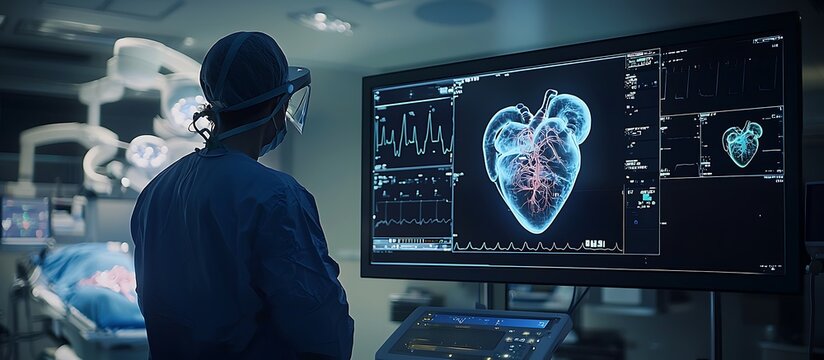 Cardiac catheterization lab with robots and AI diagnostics for heart conditions.