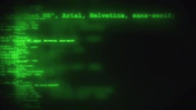 Video of program code scrolling across blur black computer monitor screen