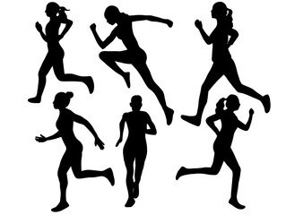Female runner training marathon jogging sport people. Set of runner Silhouette illustration. Runner marathon woman silhouettes. Silhouette running cardio person. 
