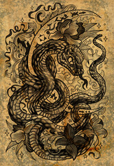 Graphic illustration with snake - symbol of the year according to chinese horoscope, and moon against texture background. Esoteric, gothic and mystic artwork, epic concept for print, tattoo, cards