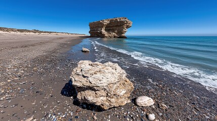 Coastal Rock Formation with Pebbles and Waves on Sandy Beach